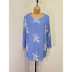 Cottage Coastal Peasant Old Money Embroidered Tunic Womens 2XL Blue White Floral